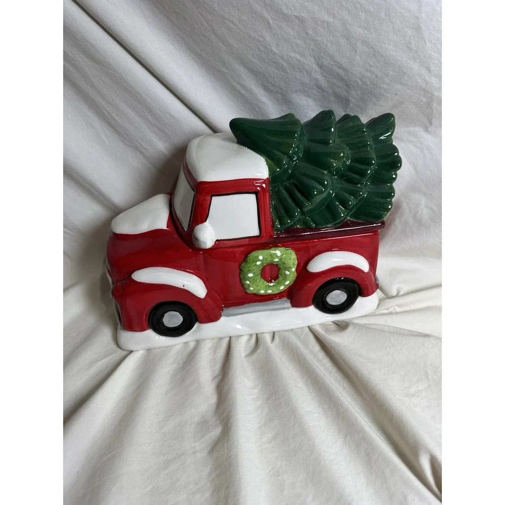 Christmas Red Truck Cookie Jar Canister w Tree Ceramic Holiday‎ Decor